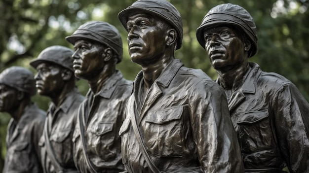 Una estatua de soldados frente a los árboles.