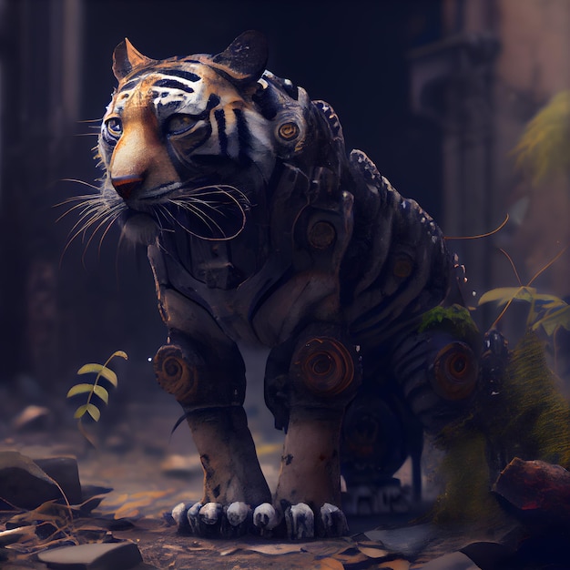 Estatua de tigre en el bosque Ilustración 3D Fantasía