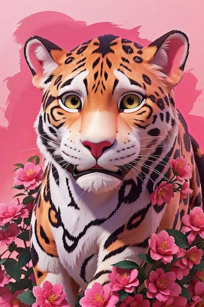 Foto una estatua de tigre con flores rosadas en el fondo