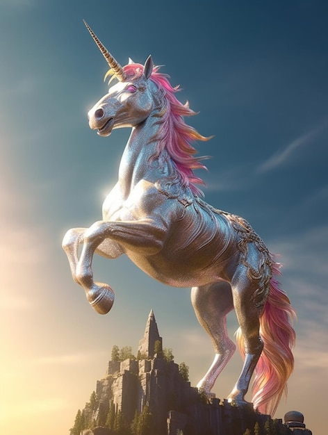 estatua de unicornio en una roca con un castillo en el fondo generativo ai