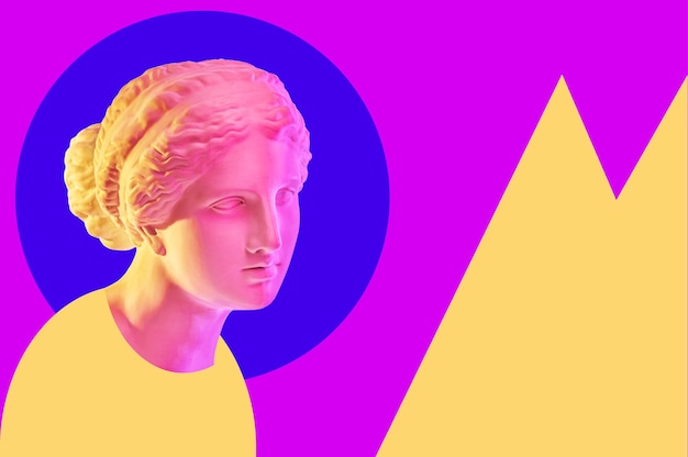 Estatua de Venus de Milo. Imagen de neón colorido del concepto creativo con la escultura griega antigua Venus o la cabeza de Afrodita. Webpunk, vaporwave y estilo artístico surrealista. Efectos de duotono rosa y amarillo.