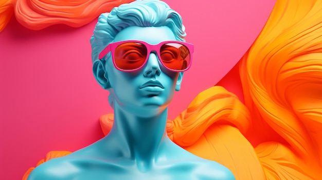 Estatua de yeso con gafas de sol en un fondo abstracto de color