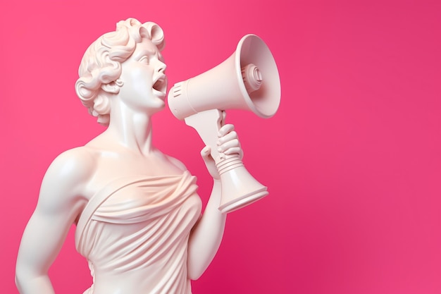 Estatua de yeso con megáfono contra un fondo rosado IA generativa