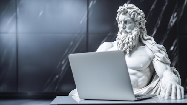 Foto estatua de zeus trabajando en una computadora portátil en una oficina moderna concepto de programación