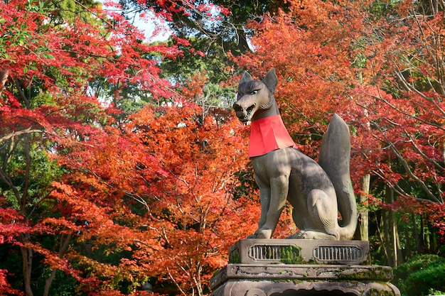 Estatua del zorro y hojas de otoño en el Santuario Fushimi Inari.