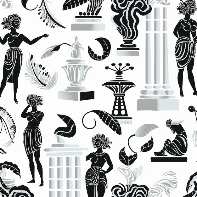Foto estatuas antiguas griegas y elementos surrealistas en el estilo psicodélico de moda patrón vectorial negro sin costuras