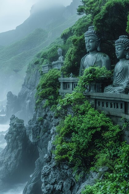 Foto las estatuas de bodhisattva en los templos de las montañas de niebla las figuras se desvanecen en la niebla