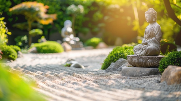 Foto estátuas de buda em um jardim zen pacífico com a luz solar filtrando através da folhagem