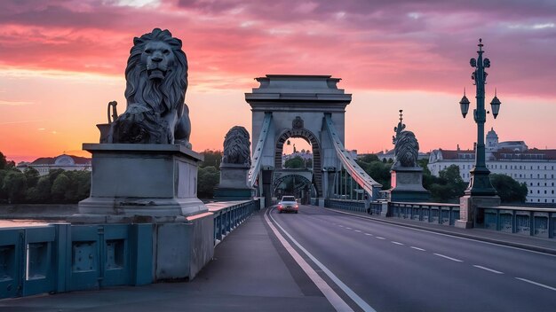 Foto estátuas de leões na ponte de cadeia em budapeste ao nascer do sol na hungria
