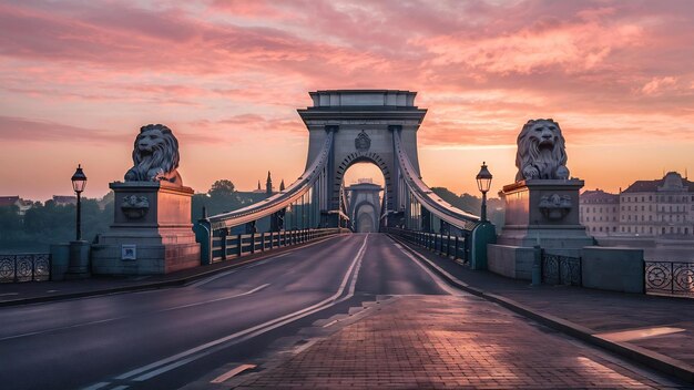 Estátuas de leões na ponte de cadeia em Budapeste ao nascer do sol na Hungria
