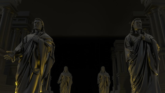 Estátuas de mulheres e homens estão em uma sala escura com uma luz amarela atrás delas.