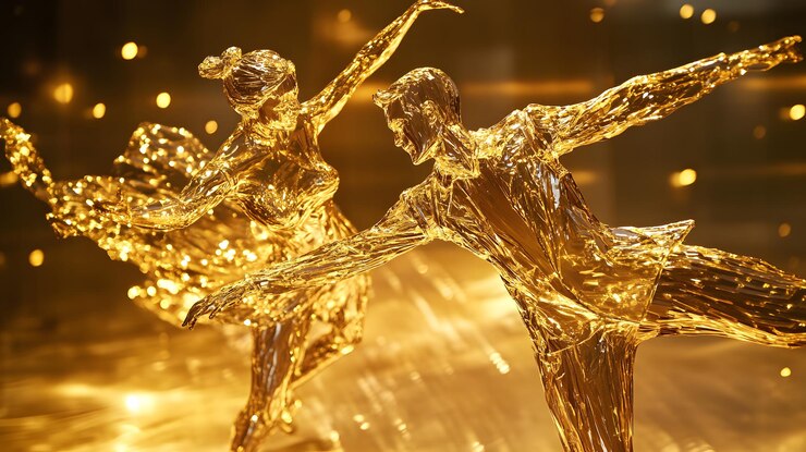 Estatuas doradas de una pareja en una postura de baile