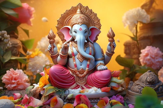 Una de las estatuas de Ganesha impresas en 3D en colores tradicionales sobre fondo de loto