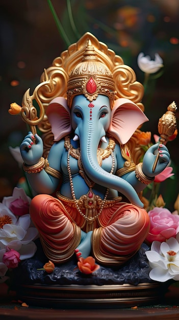 Una de las estatuas de Ganesha impresas en 3D en colores tradicionales sobre fondo de loto