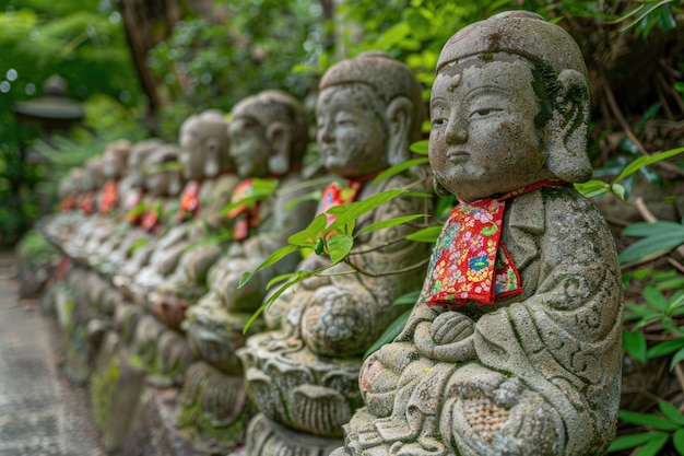 Las estatuas de Jizo en el templo de Zojoji adornadas con ropa y juguetes