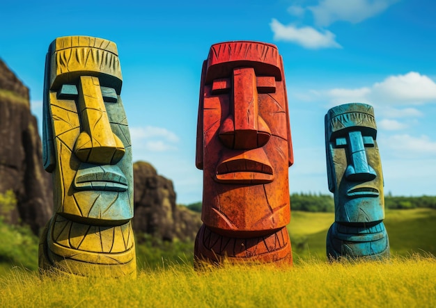 Foto estatuas moai del parque nacional rapa nui de la isla de pascua en chile con fondo 3d y aislado