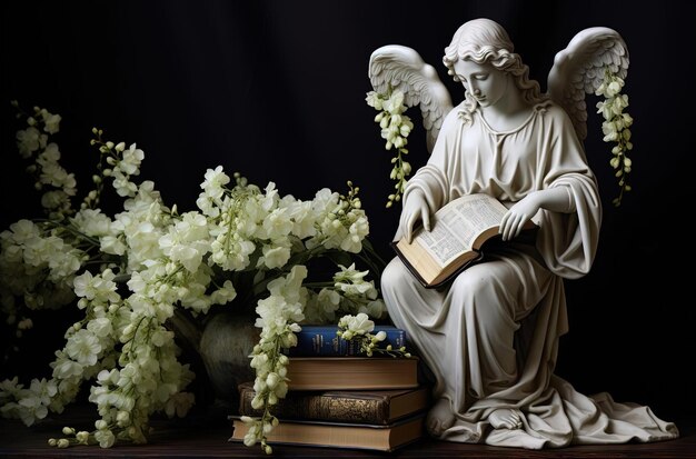 estatueta de anjo e glicinias ao lado de um livro no estilo de mestria preto e branco