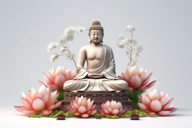 Estatueta de Buda entre flores de lótus rosa em estilo 3d em um fundo cinza Conceito paz e equilíbrio criando um ambiente zen