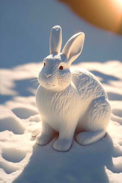 Estatueta de coelho branco sentado na neve generativa ai