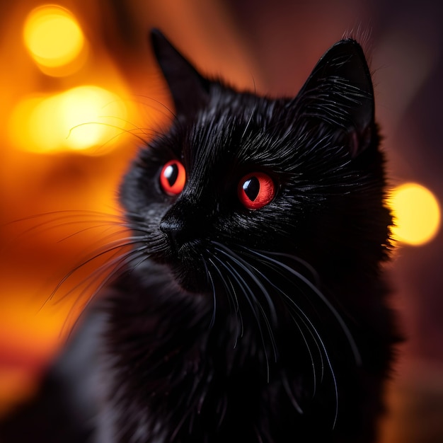 Estatueta de gato preto de Halloween com texturas de pele realistas e olhos hipnotizantes