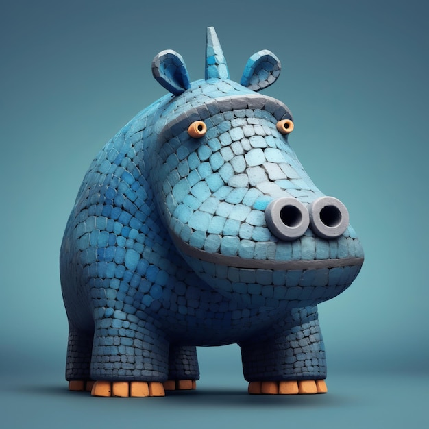 Estatueta de hipopótamo com penas azuis e olhos pintados em sua