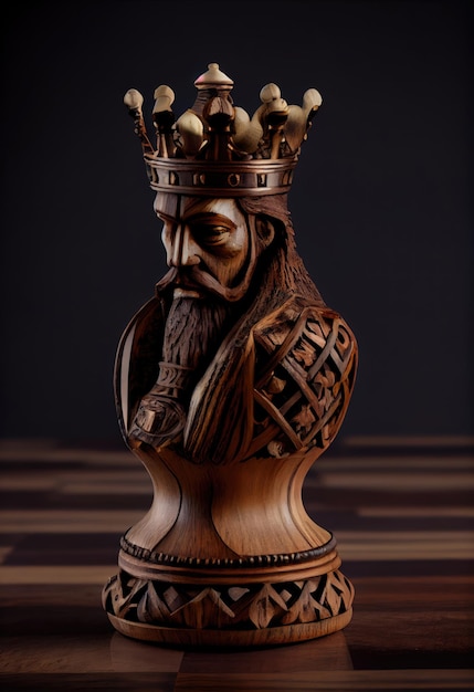 Estatueta de madeira grosseiramente esculpida de um rei de xadrez Figura caseira de um rei de xadrez em um fundo escuro gerado por IA