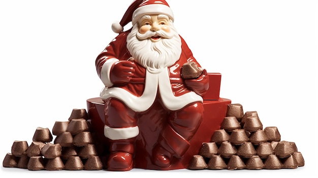 Estatueta de Papai Noel com bombons de chocolate em um fundo escuro