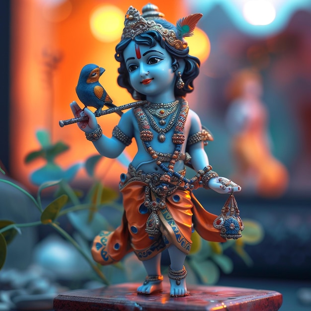 estatueta do Senhor Krishna com flauta e pássaros