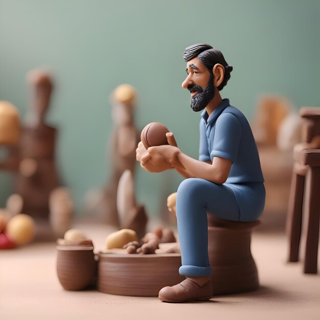 Foto estatueta em miniatura de um homem muçulmano sentado com uma tigela de barro e olhando para a câmera