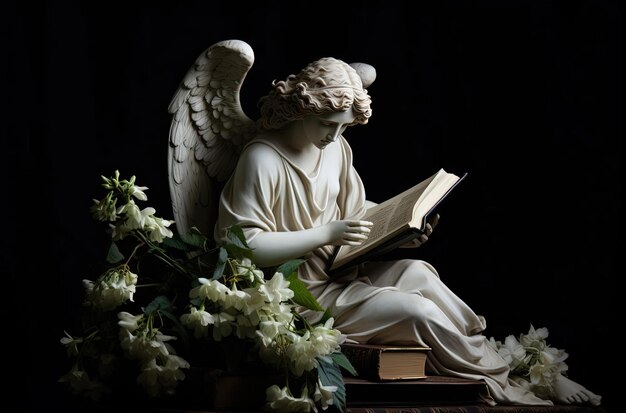 estatuilla de ángel y glicina al lado de un libro en el estilo de la maestría en blanco y negro