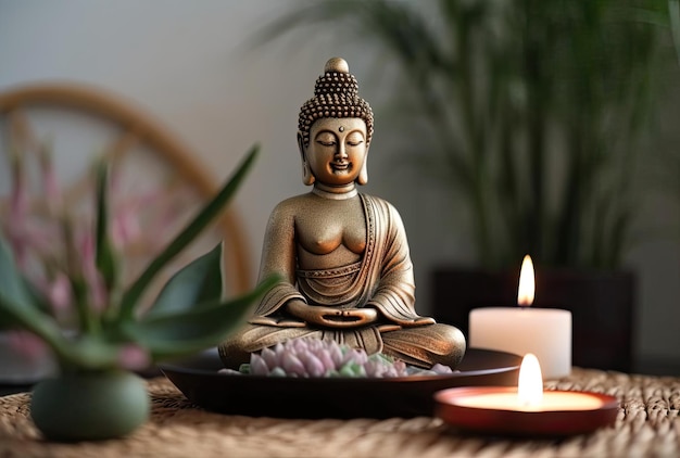 Estatuilla de buda decoración del hogar cerca de planta verde y lámpara de aroma con varitas de incienso