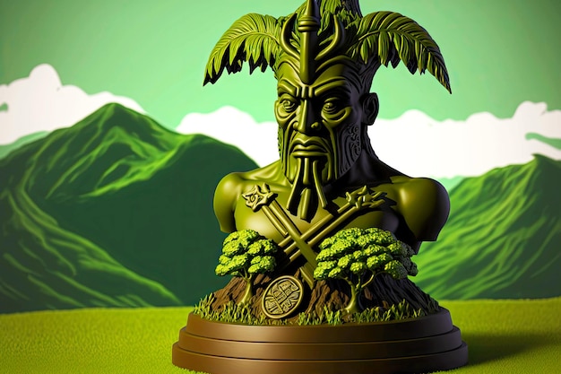 Estatuilla del busto del dios asiático árbol de máscara tiki sobre fondo borroso de prados