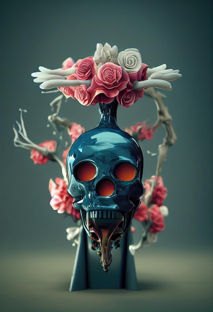 Estatuilla de calavera con flores generada por inteligencia artificial