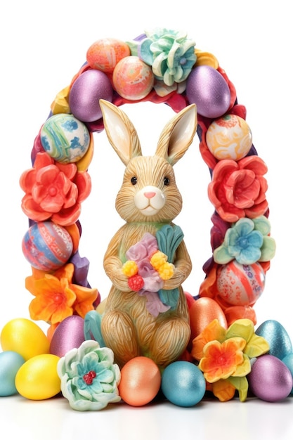 Estatuilla de conejito de Pascua rodeada de huevos coloridos creados con IA generativa