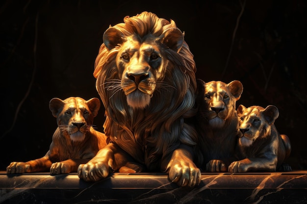 Una estatuilla de una familia de leones sobre un fondo negro
