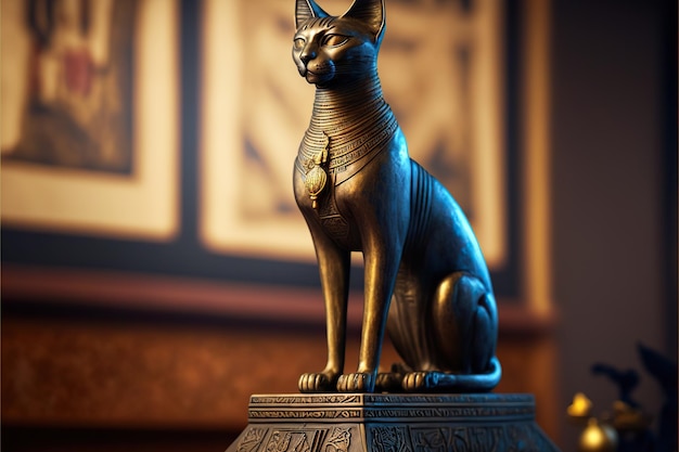 Estatuilla de gato bastet egipcio en el podio en el museo egipcio creado con ai generativo