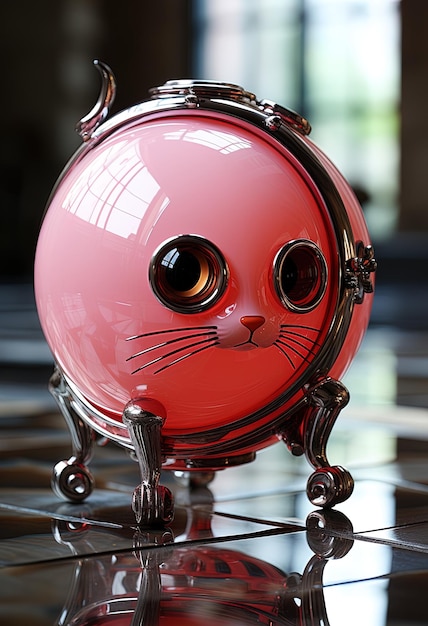 una estatuilla de gato rojo con una cara roja se sienta en una rejilla de metal