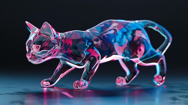 Una estatuilla de gato de vidrio multicolor translúcido con una apariencia líquida se muestra en esta representación 3D