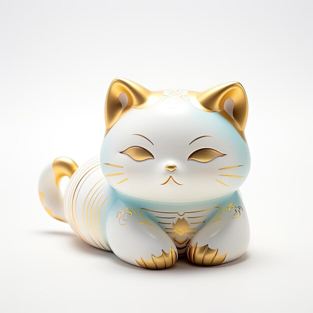 Foto una estatuilla japonesa de gato dorado acostada al lado de una superficie blanca en el estilo de oro claro y azul