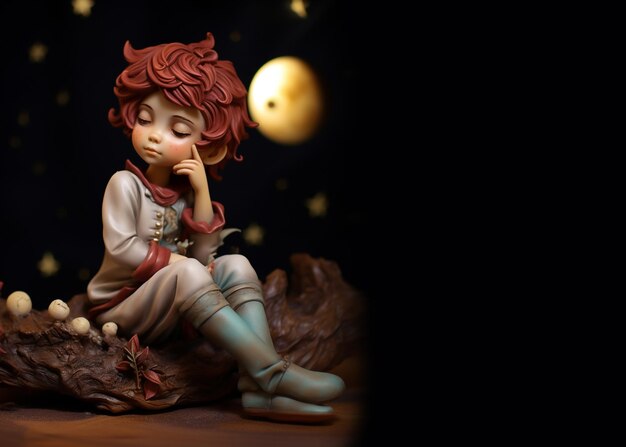 Foto una estatuilla de niño hecho de arcilla con cabello rojo vestido como un príncipe el niño está sentado en la luna