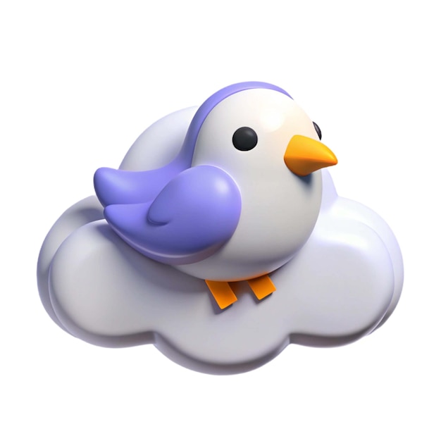 una estatuilla de pájaro está sentada en una nube con un pico púrpura