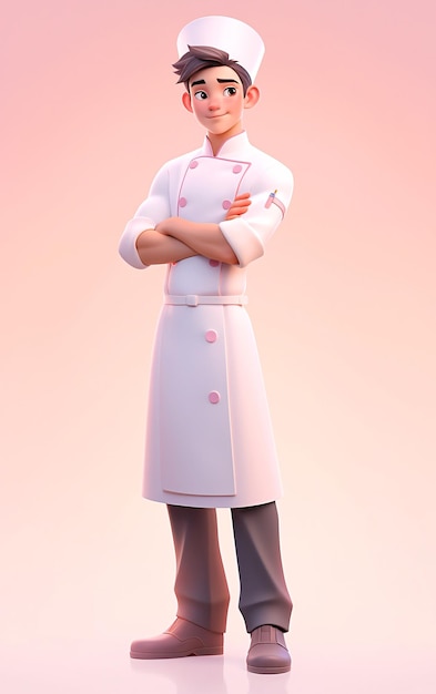 una estatuilla de un personaje con un fondo rosado3d renderización de personaje chef día de mayo profesiona