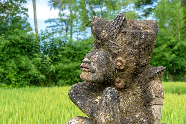 Estatuilla de piedra tradicional balinesa de la deidad en la calle cerca de terrazas de arroz verde Isla Bali Indonesia Cerrar