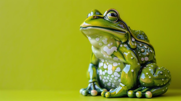 Una estatuilla de rana de cerámica verde con manchas blancas se sienta sobre un fondo verde La rana está mirando a la derecha del marco