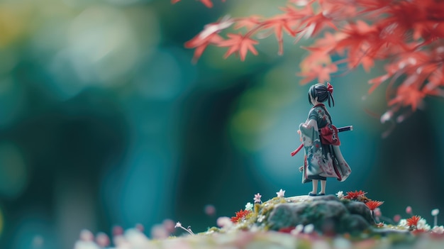 Una estatuilla de un samurai en un montículo de musgo bajo hojas rojas