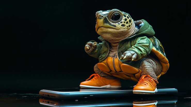 Foto una estatuilla de tortuga con zapatos y botas naranjas