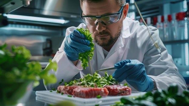 Foto este belo pesquisador científico está examinando uma amostra de carne vegana cultivada em laboratório ele está trabalhando em um moderno laboratório de ciência alimentar em substitutos de carne bovina à base de plantas para vegetarianos