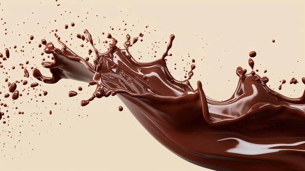 Foto este chocolate 3d espalha riqueza e indulgência com uma onda tentadora e gotas no ar.