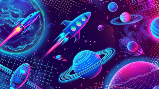 Este conjunto de layout de cartazes apresenta elementos de grade de malha 3D ilustrando foguetes cósmicos externos, satélites e naves espaciais em um fundo de cor neon ácido brilhante