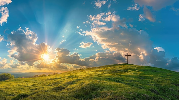 Este dramático panorama do nascer do sol na manhã de Páscoa com céu azul, nuvens brilhantes, raios de sol e uma grande cruz em uma colina coberta de grama faz uma ótima capa de banner para impressão ou web